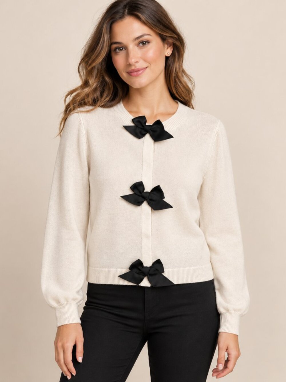 LOFT Bow Cardigan Small Cream Black Satin Bows Crewneck Feminine Sweater NWT